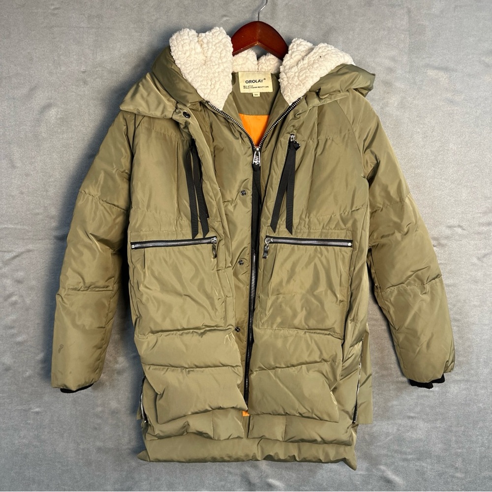 Orolay Womens Down Puffer Jacket Green 2XS Hooded Zip Pockets Y2K